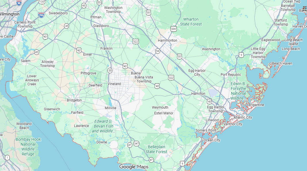 Map showing the commercial cleaning service area for Hines Commercial Cleaning in Vineland, New Jersey and surrounding communities.